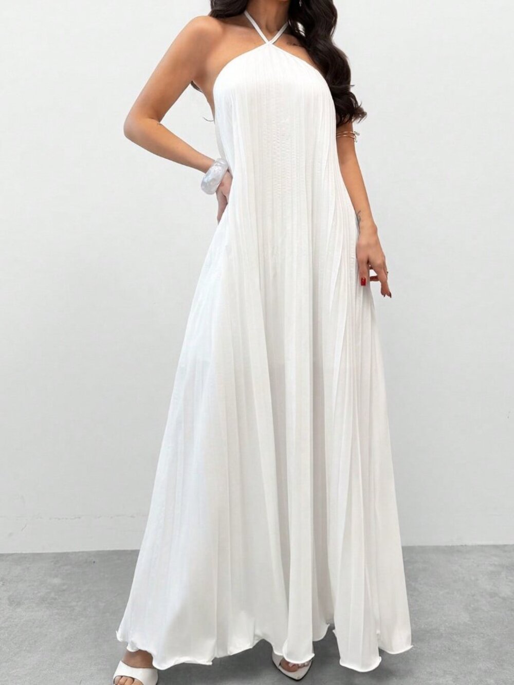 White Elegant Women's Pleated Halter Neck Maxi Dress - Picture 6 of 11